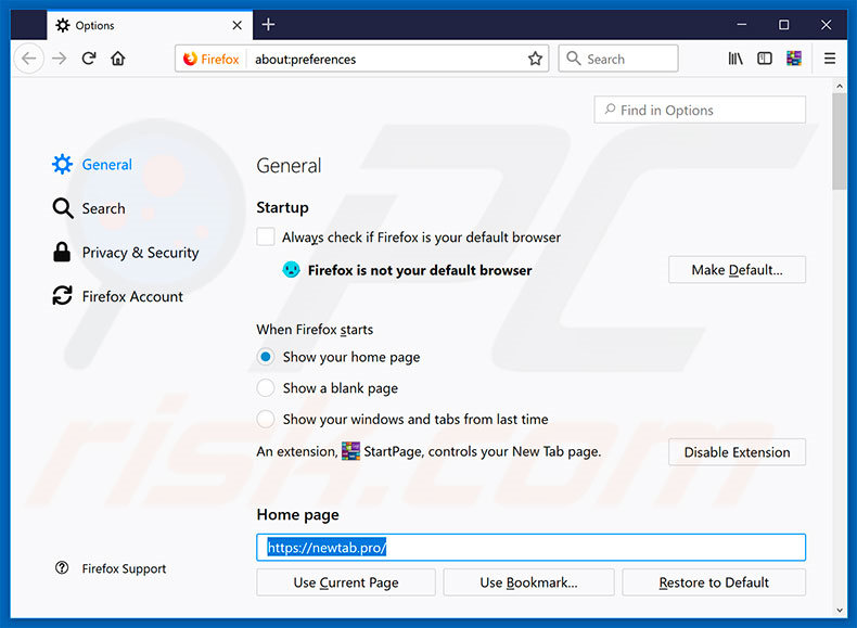 Removing newtab.pro from Mozilla Firefox homepage