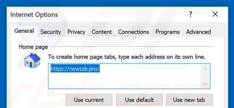 Removing newtab.pro from Internet Explorer homepage