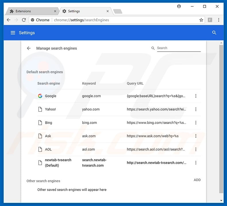Removing search.newtab-tvsearch.com from Google Chrome default search engine
