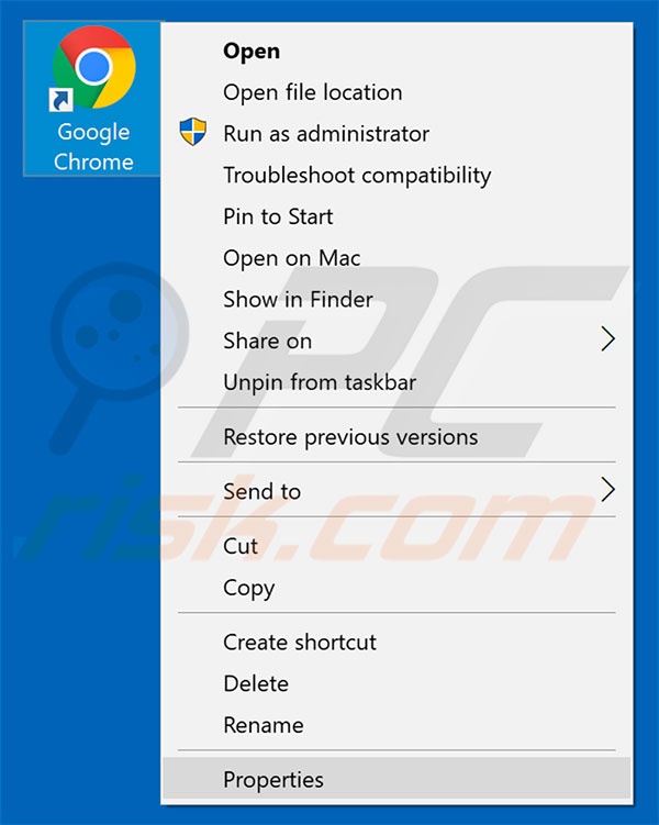 Removing okaytab.com from Google Chrome shortcut target step 1