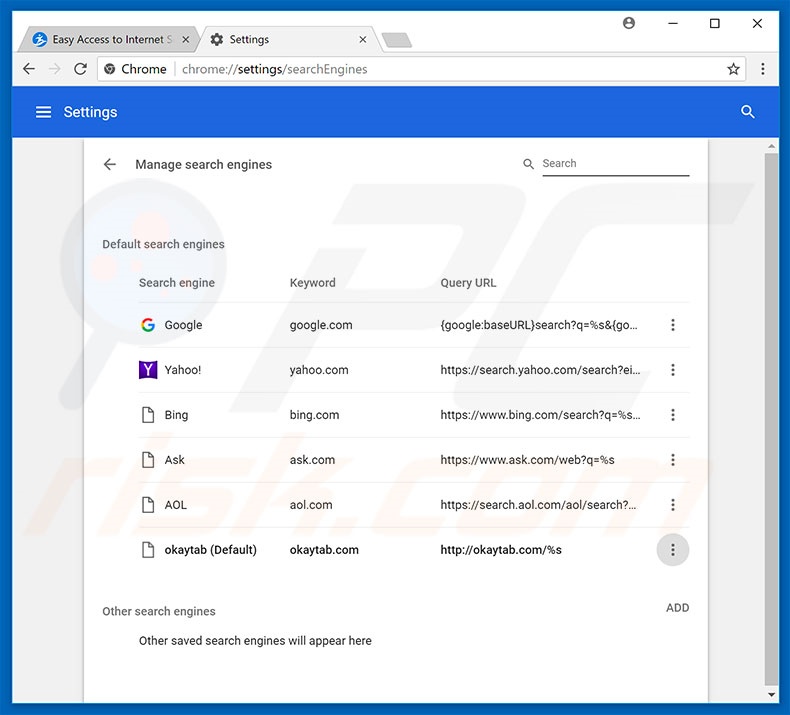 Removing okaytab.com from Google Chrome default search engine