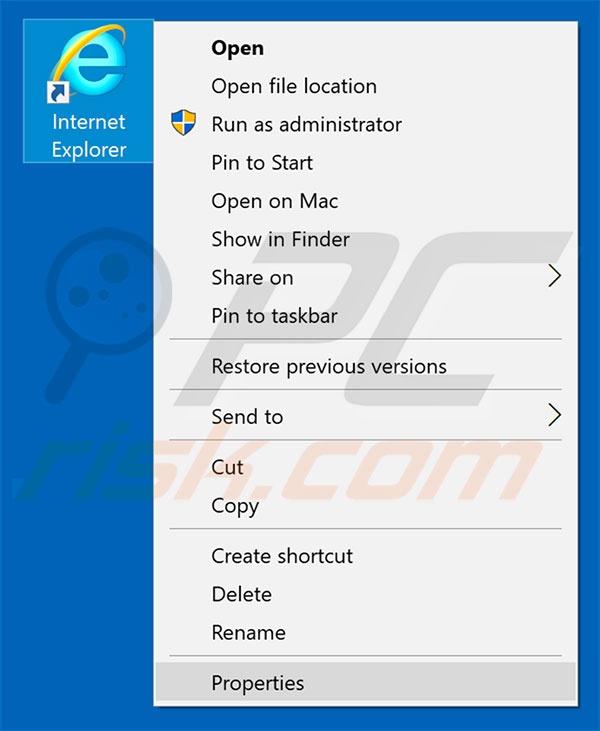 Removing okaytab.com from Internet Explorer shortcut target step 1