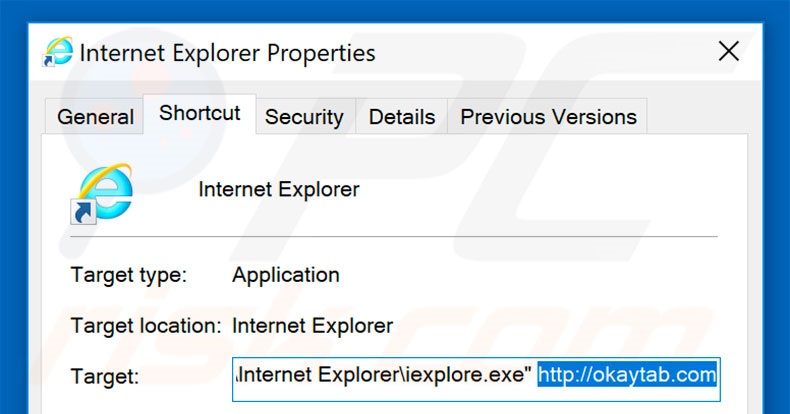 Removing okaytab.com from Internet Explorer shortcut target step 2