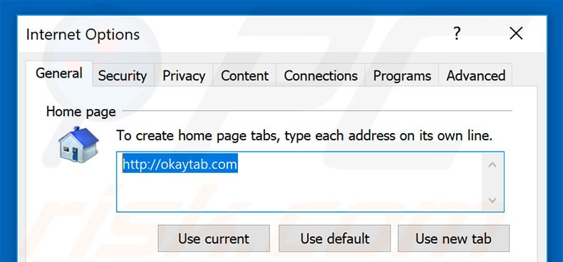 Removing okaytab.com from Internet Explorer homepage