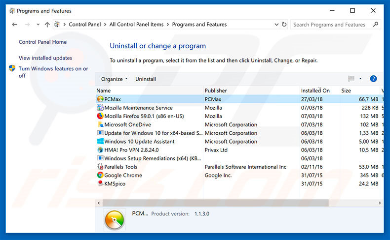 PCMax adware uninstall via Control Panel