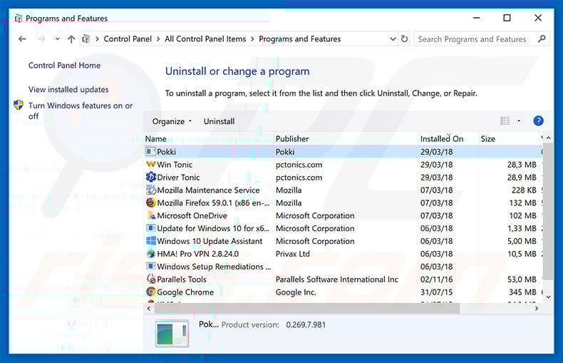 Pokki adware uninstall via Control Panel