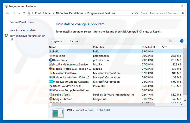 Pokki adware uninstall via Control Panel