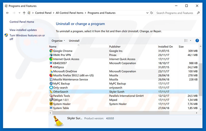 Quick Searcher adware uninstall via Control Panel