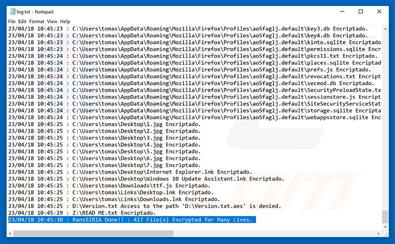 RansSIRIA encrypted file log