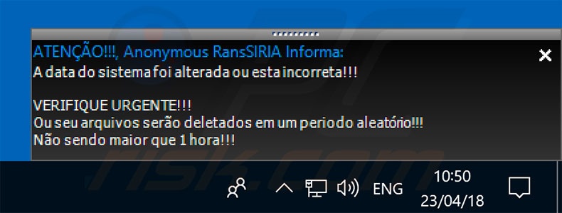 RansSIRIA notification pop-up