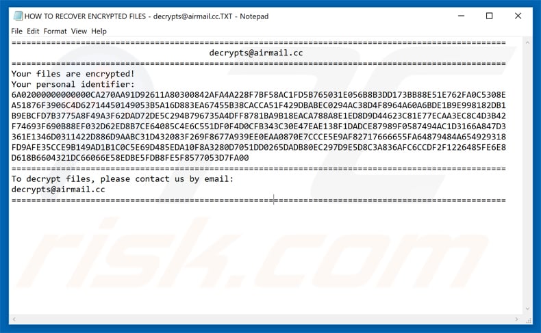 scarab ransomware updated ransom demanding message HOW TO RECOVER ENCRYPTED FILES - decrypts@airmail.cc.TXT