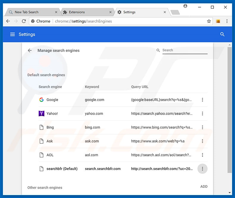 Removing search.searchbfr.com from Google Chrome default search engine
