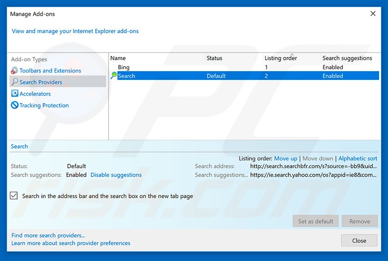 Removing search.searchbfr.com from Internet Explorer default search engine