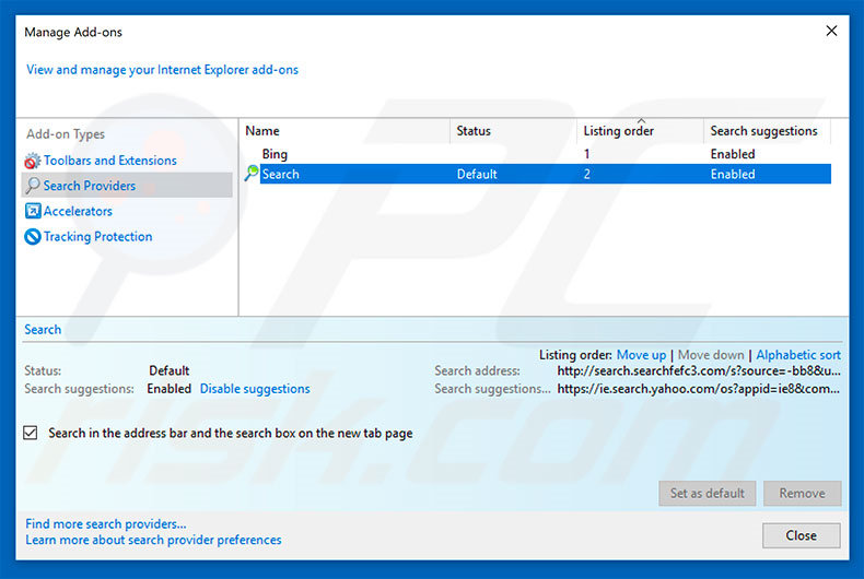 Removing search.searchfefc3.com from Internet Explorer default search engine