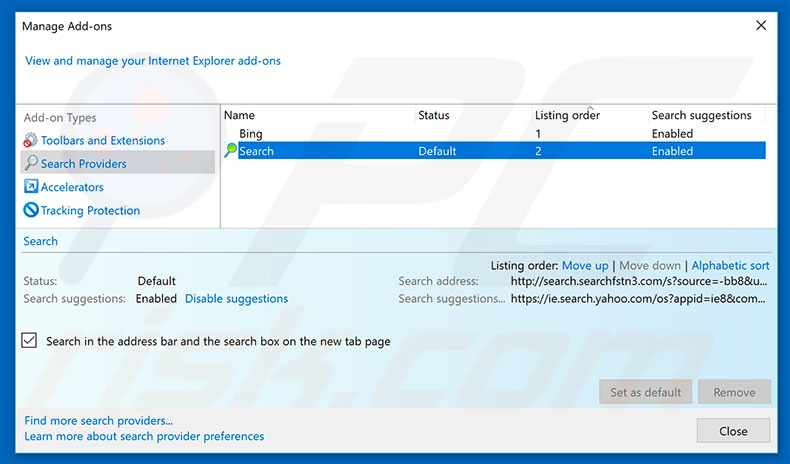 Removing search.searchfstn3.com from Internet Explorer default search engine