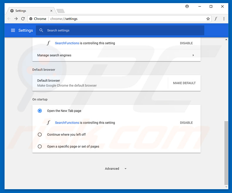 Removing searchfunctions.com from Google Chrome homepage
