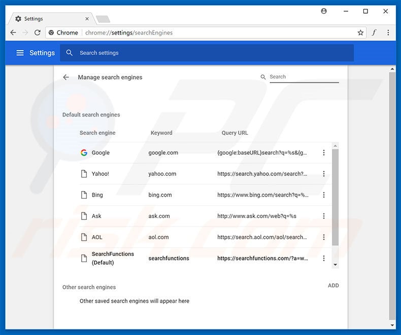 Removing searchfunctions.com from Google Chrome default search engine