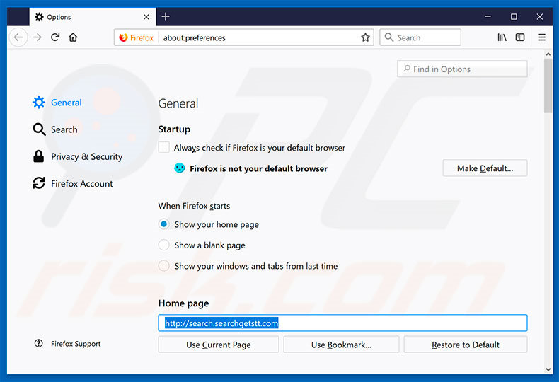 Removing search.searchgetstt.com from Mozilla Firefox homepage