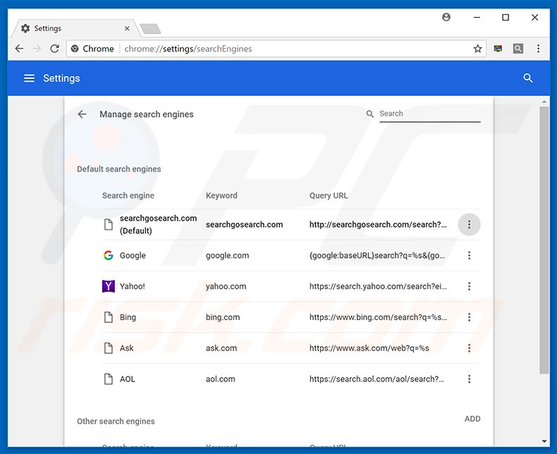 Removing searchgosearch.com from Google Chrome default search engine