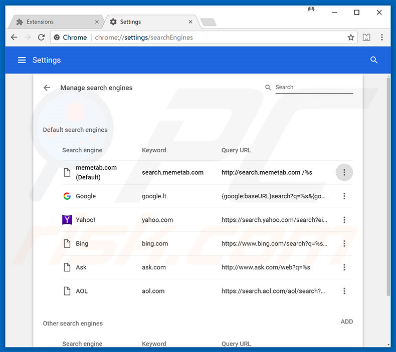 Removing search.memetab.com from Google Chrome default search engine