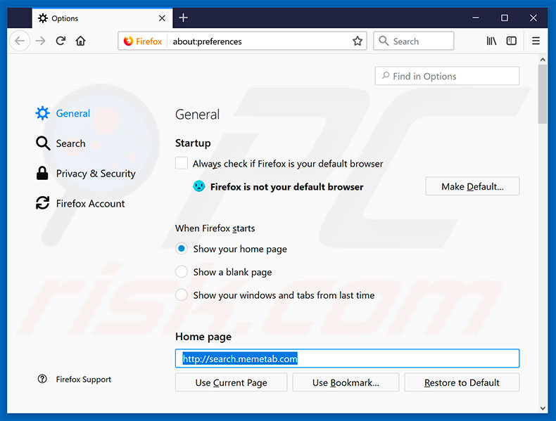 Removing search.memetab.com from Mozilla Firefox homepage