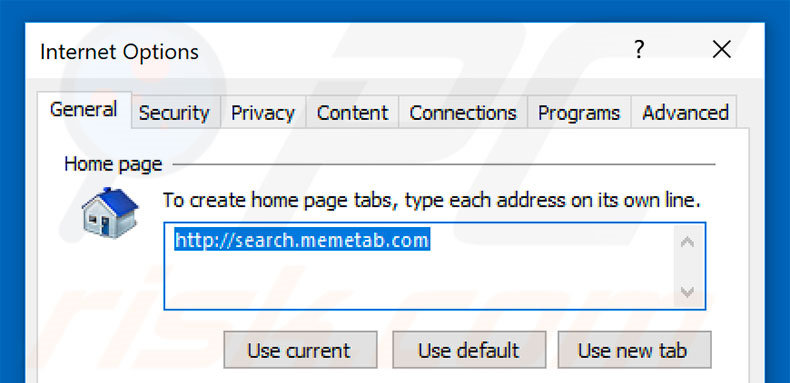 Removing search.memetab.com from Internet Explorer homepage