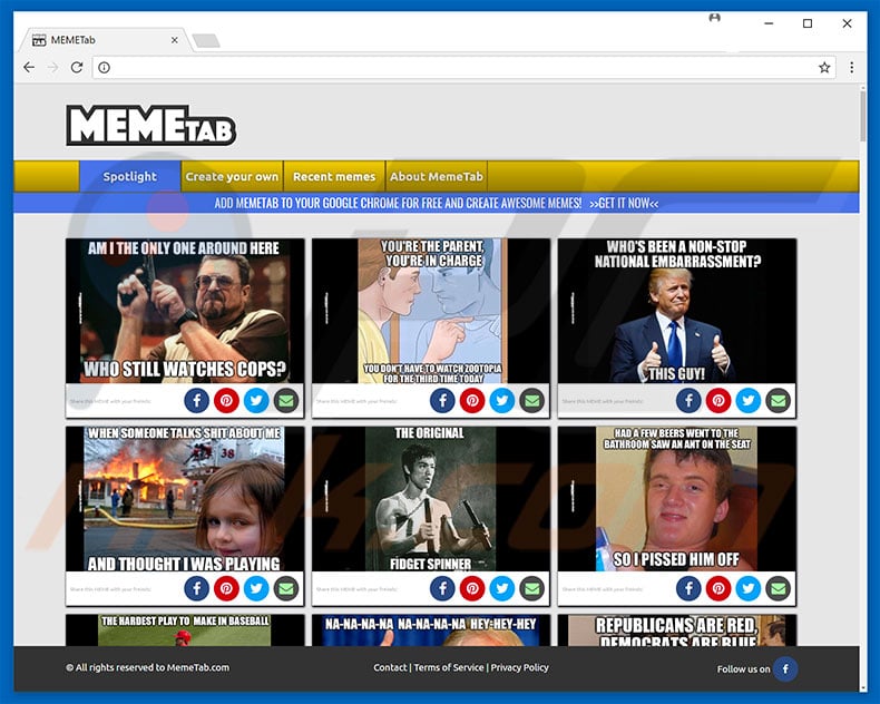 Website used to promote MemeTab browser hijacker