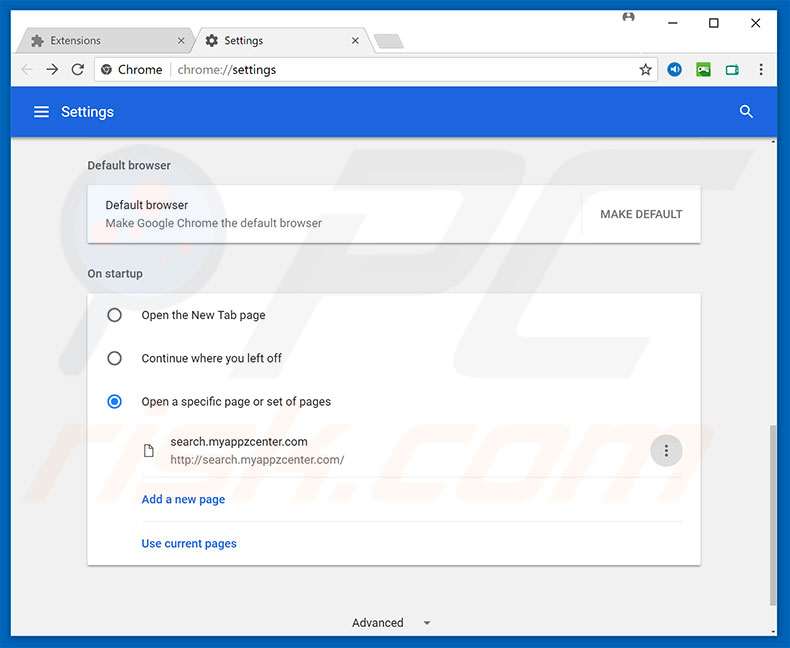 Removing search.myappzcenter.com from Google Chrome homepage