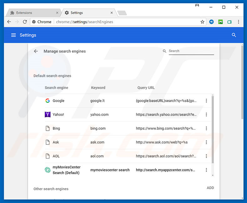 Removing search.myappzcenter.com from Google Chrome default search engine