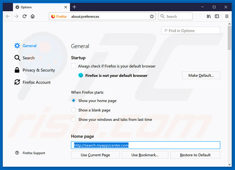 Removing search.myappzcenter.com from Mozilla Firefox homepage