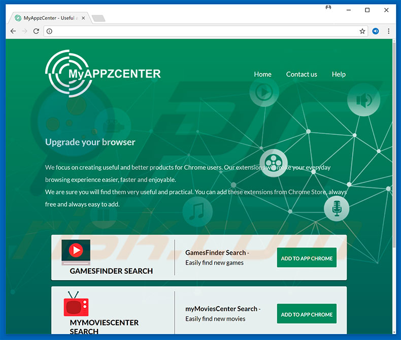 GamesFinder Search, myMoviesCenter Search, and MusicFinder Search browser hijackers promoting website