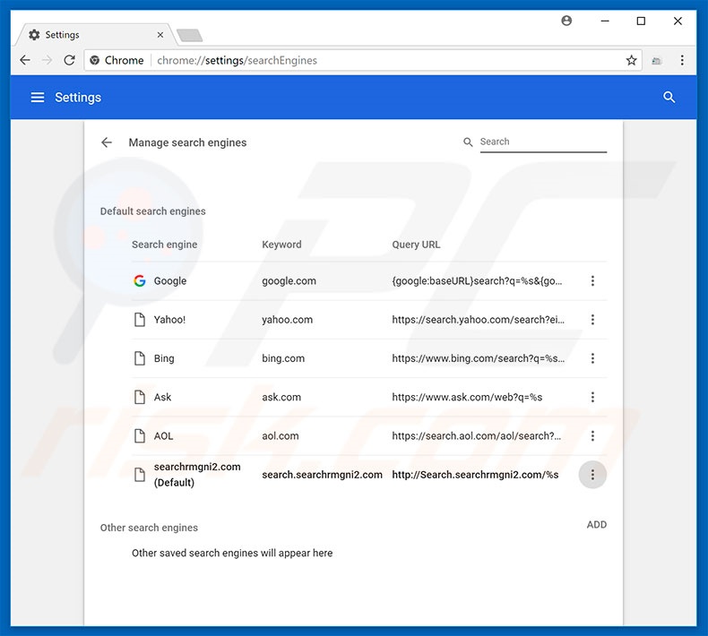 Removing search.searchrmgni2.com from Google Chrome default search engine