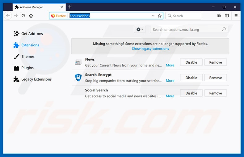 Removing search.searchrmgni2.com related Mozilla Firefox extensions