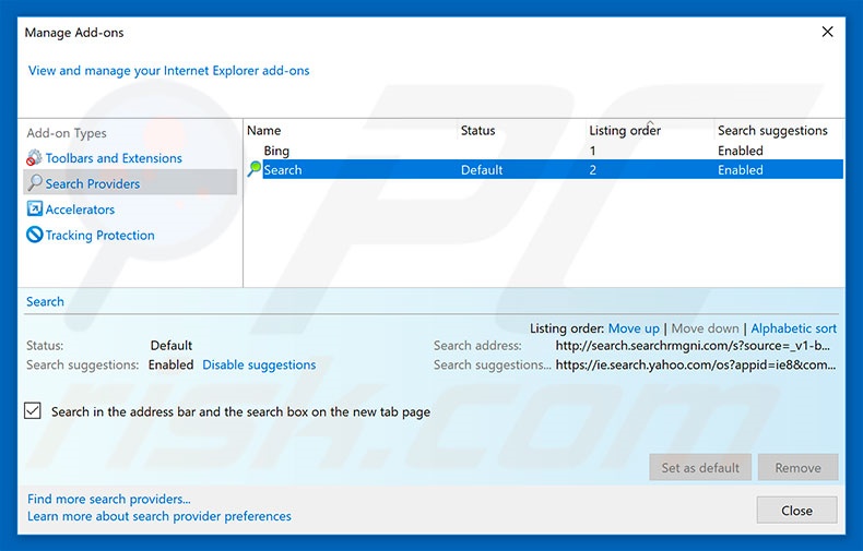 Removing search.searchrmgni2.com from Internet Explorer default search engine