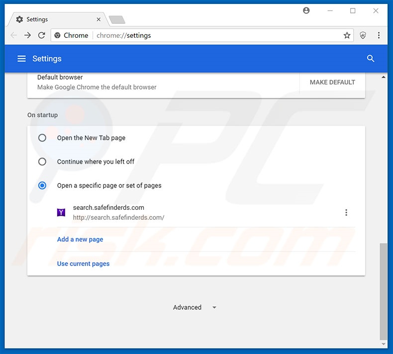 Removing search.safefinderds.com from Google Chrome homepage