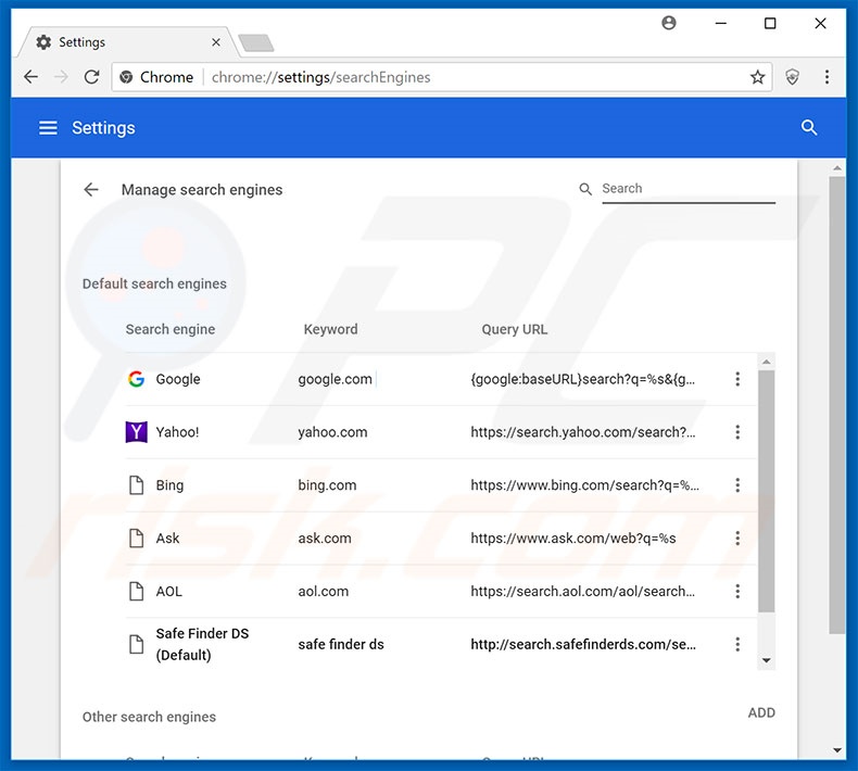 Removing search.safefinderds.com from Google Chrome default search engine