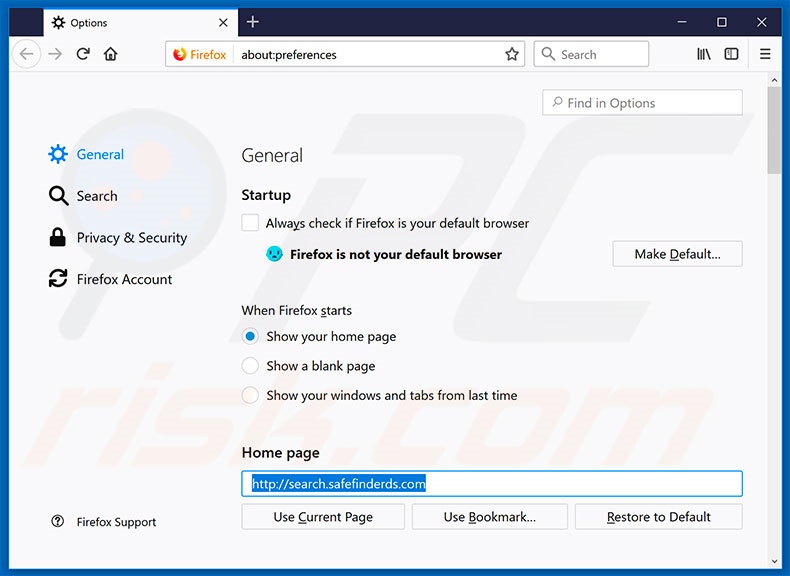 Removing search.safefinderds.com from Mozilla Firefox homepage