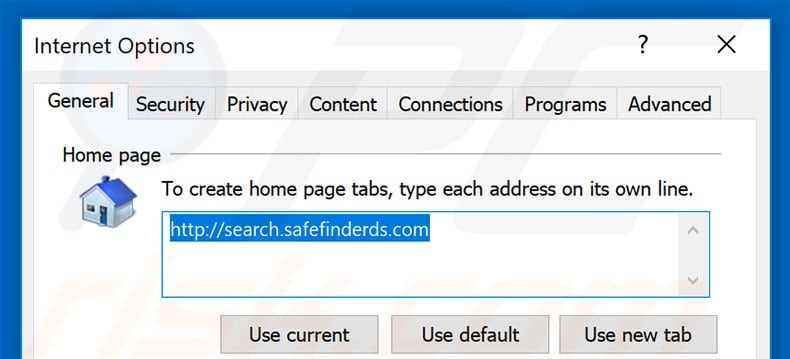 Removing search.safefinderds.com from Internet Explorer homepage