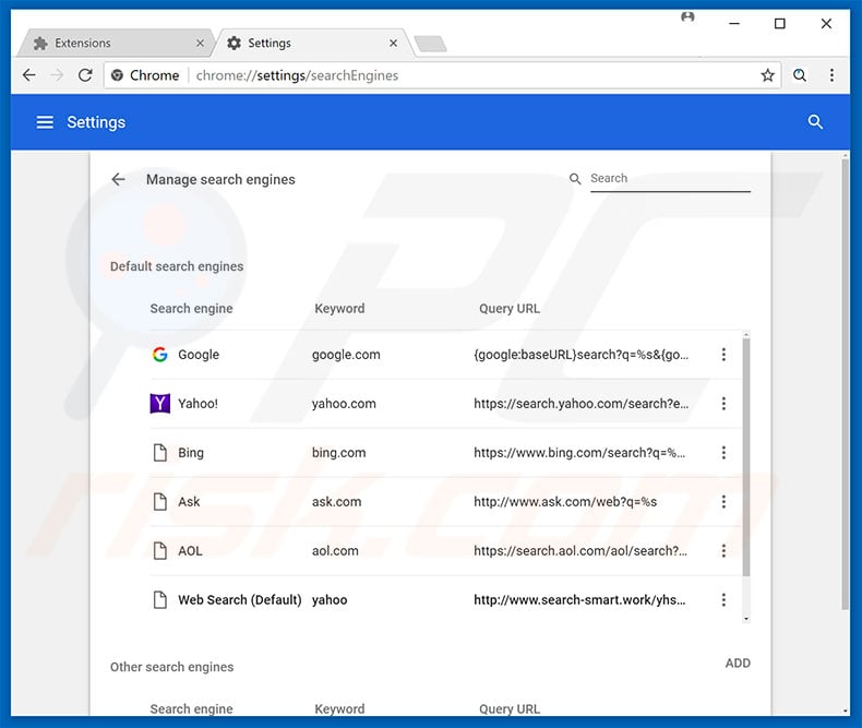 Removing search-smart.work from Google Chrome default search engine