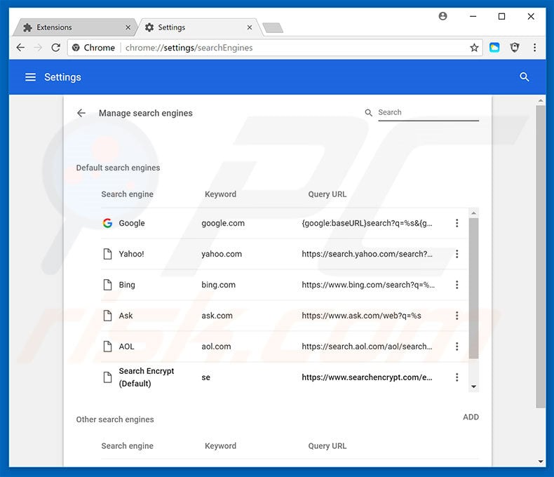 Removing search.searchws2.com from Google Chrome default search engine