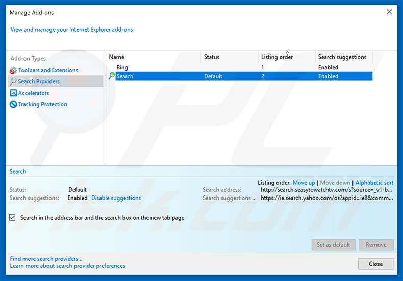 Removing search.seasytowatchtv2.com from Internet Explorer default search engine