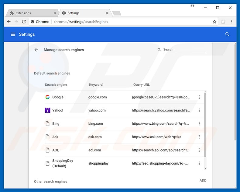Removing feed.shopping-day.com from Google Chrome default search engine