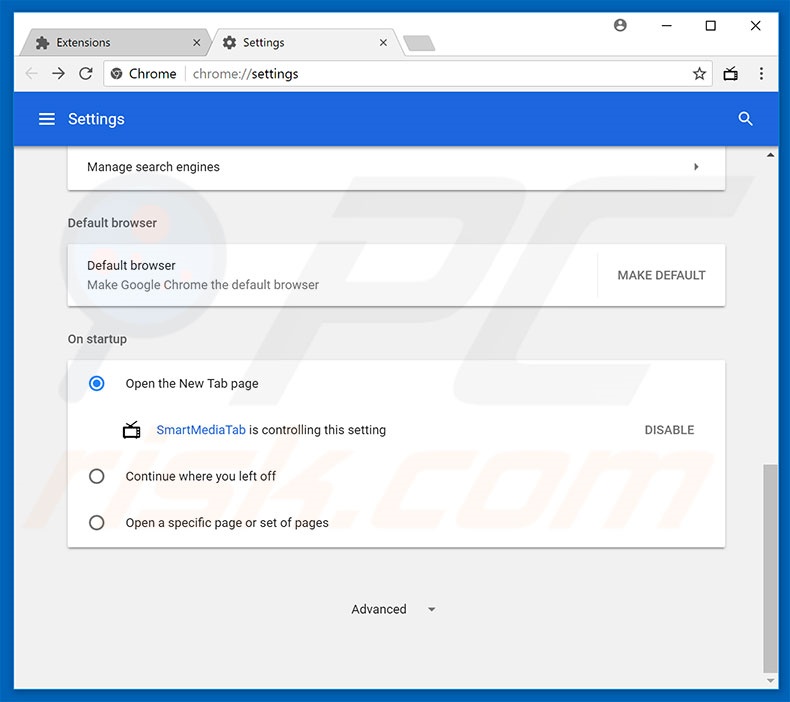 Removing search.smartmediatabsearch.com from Google Chrome homepage