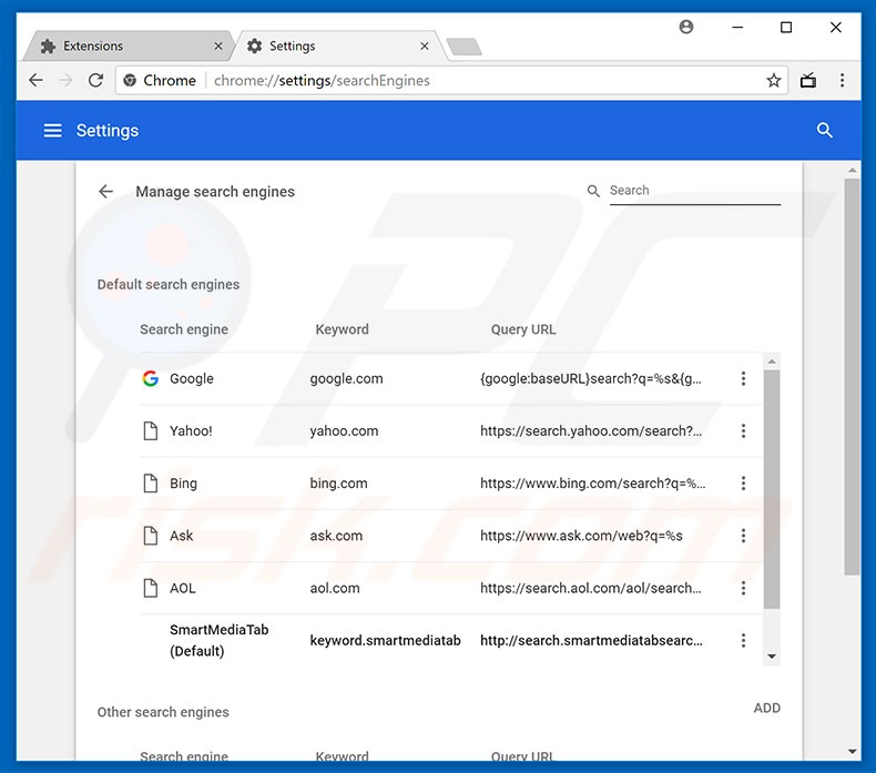 Removing search.smartmediatabsearch.com from Google Chrome default search engine