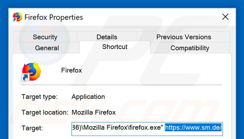 Removing sm.de from Mozilla Firefox shortcut target step 2