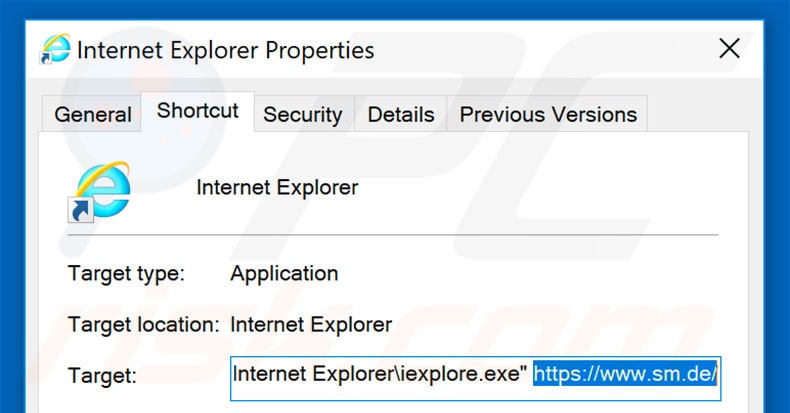 Removing sm.de from Internet Explorer shortcut target step 2