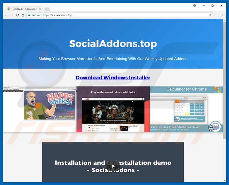 website promoting installation of socialaddons.top browser hijacker