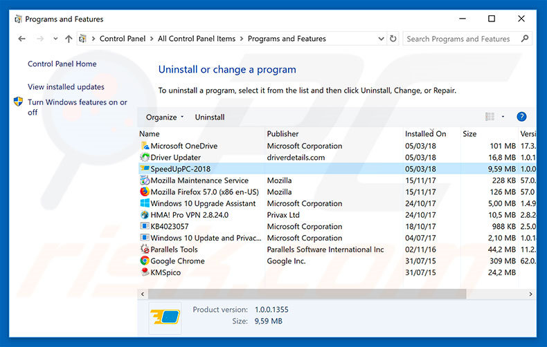 SpeedUpPC 2018 adware uninstall via Control Panel