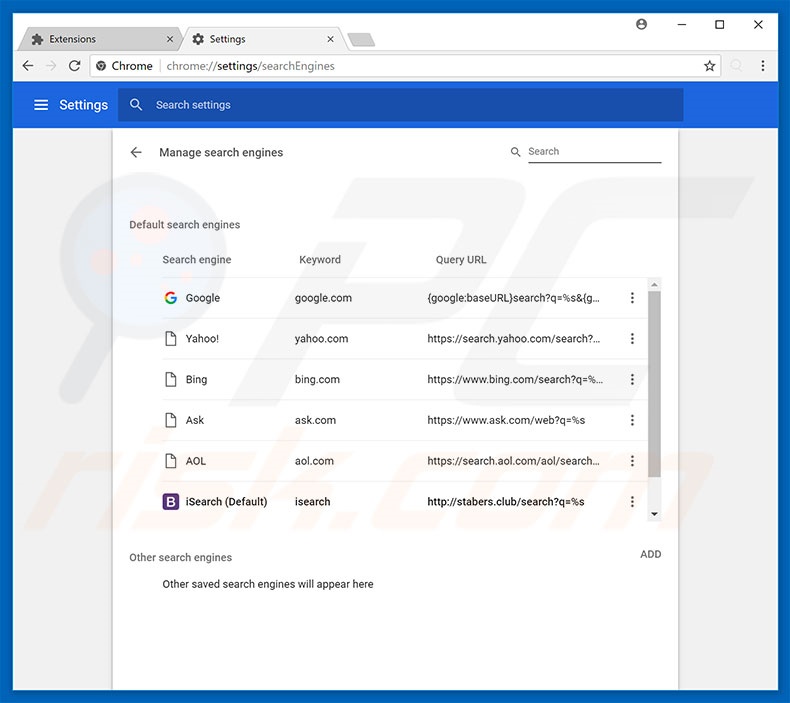 Removing stabers.club from Google Chrome default search engine