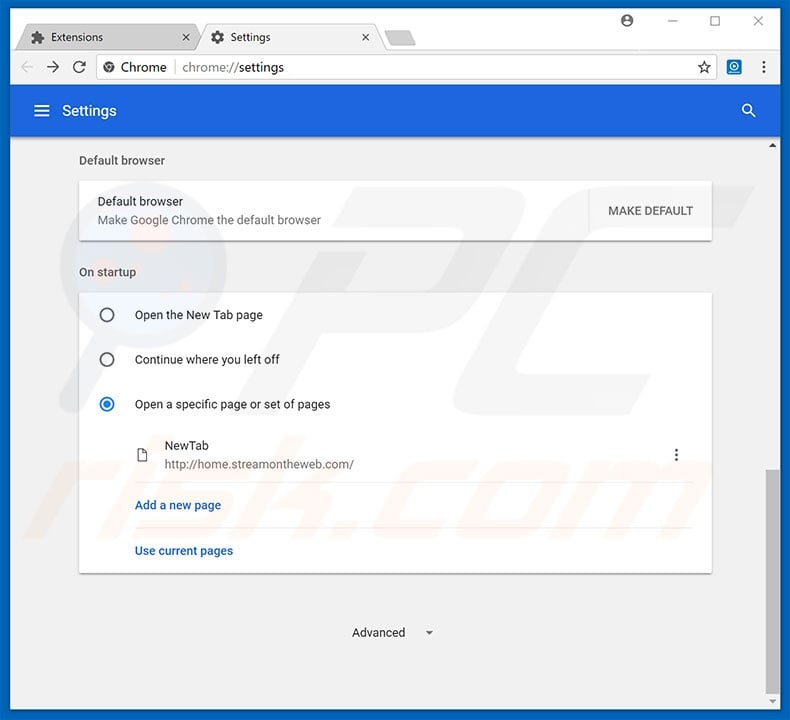 Removing home.streamontheweb.com from Google Chrome homepage